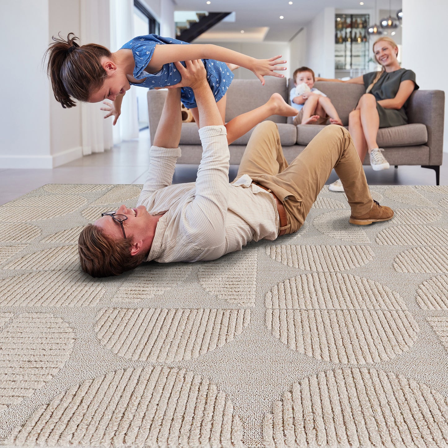 Step Collection High-Low Beige Indoor Area Rug, 5'3''x7'6'', Modern, Contemporary, Geometric, Bohemian, Bedroom, Kitchen, Living Room, Non Shedding Carpet