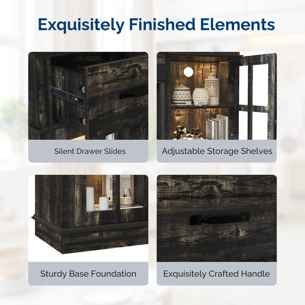 70-inch Black Gold Oak Electric Fireplace TV Stand - 2 Lattice Glass Doors, 2 Drawers & Shelf, Compatible With 36' 3-Sided Glass Insert