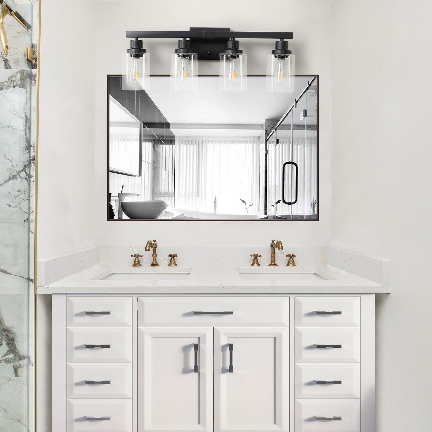 24 Modern Black 4-Light Bathroom Vanity Light Fixture, Industrial Wall Sconce With Clear Glass Shades For Mirror, Bathroom, Bedroom, And Hallway No Bulbs