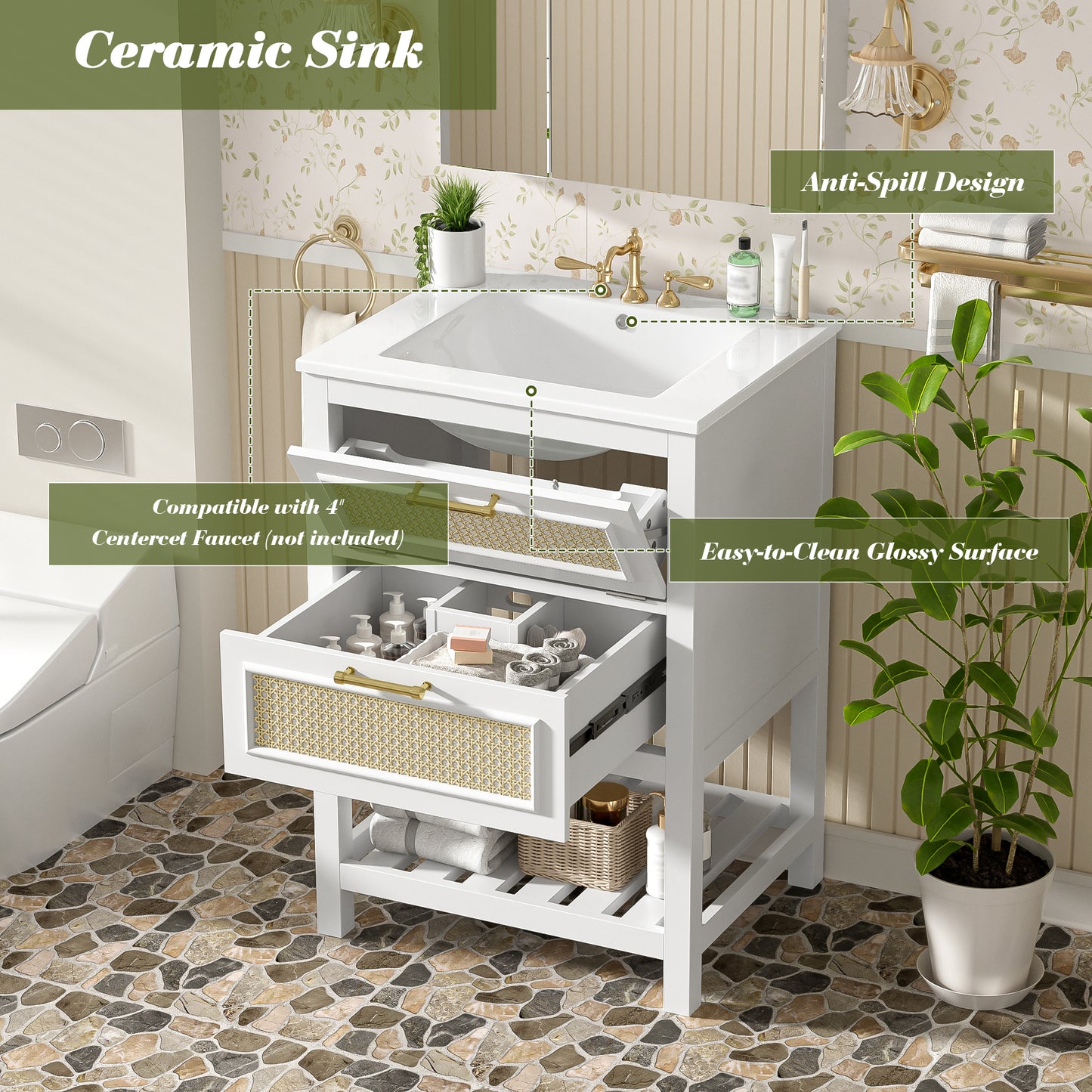 24   Bathroom Vanity With Integrated Ceramic Sink, Bathroom Cabinet With 1 Deep Drawer, 1 Tip-Out Drawer, Single Sink Bathroom Vanity For Small And Medium Restroom
