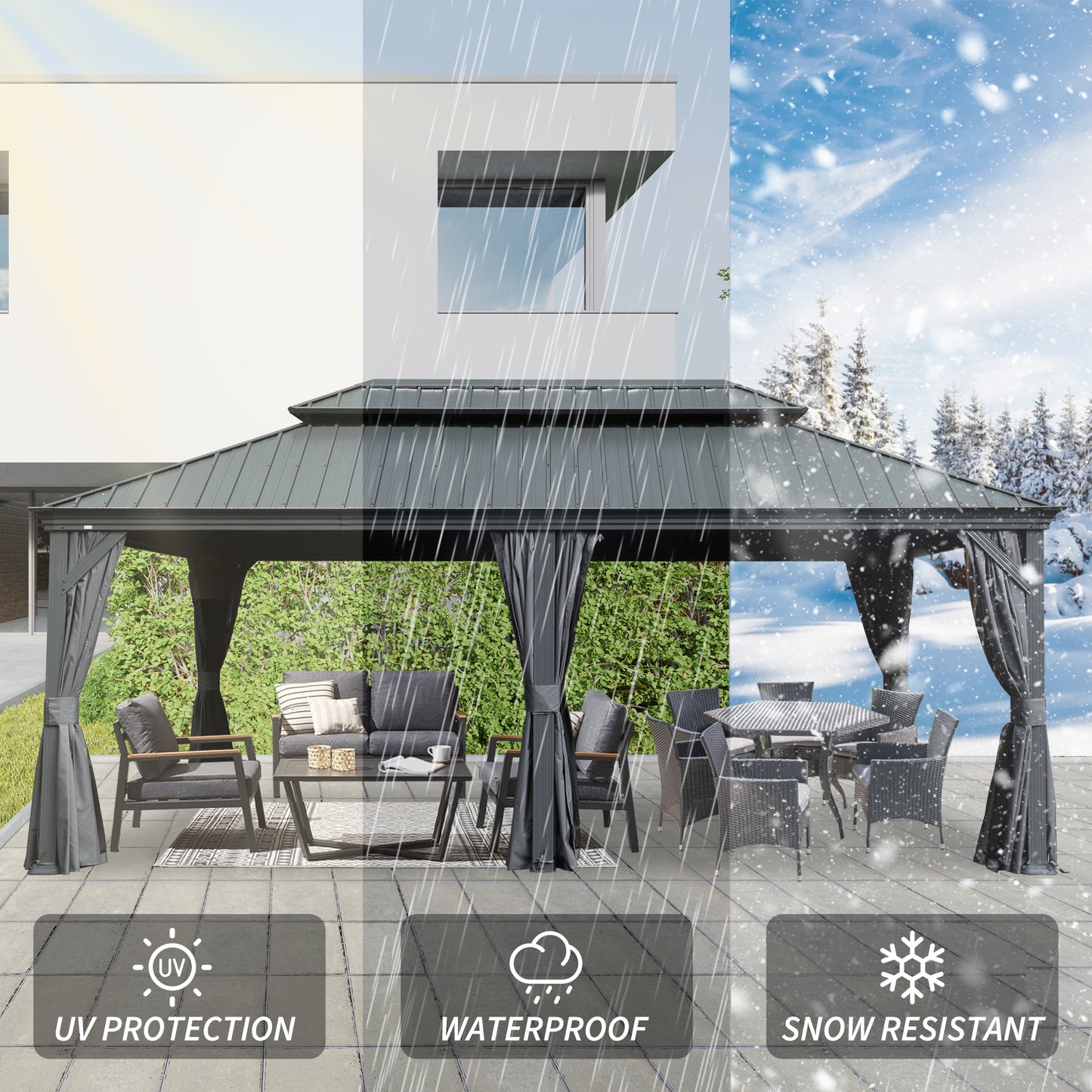 12  X 20  Hardtop Gazebo, Upgraded Metal Gazebo With Drainage System, Dual-Layer Galvanized Steel Roof, Curtain And Netting, Outdoor Shelter Canopy For Patio, Garden, And Backyard, Grey