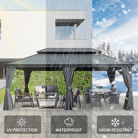 12  X 20  Hardtop Gazebo, Upgraded Metal Gazebo With Drainage System, Dual-Layer Galvanized Steel Roof, Curtain And Netting, Outdoor Shelter Canopy For Patio, Garden, And Backyard, Grey