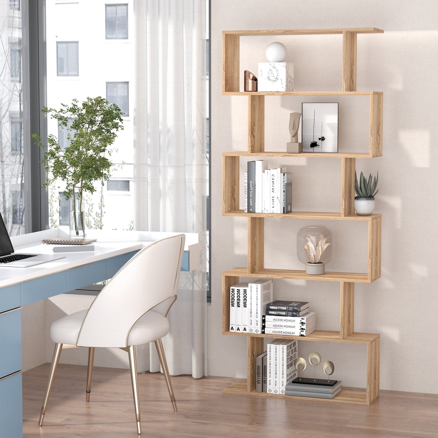 75.5" H Bookcase 6 Shelf S-Shaped Bookshelf Wooden Storage Display Stand Shelf Organizer Free Standing, Oak
