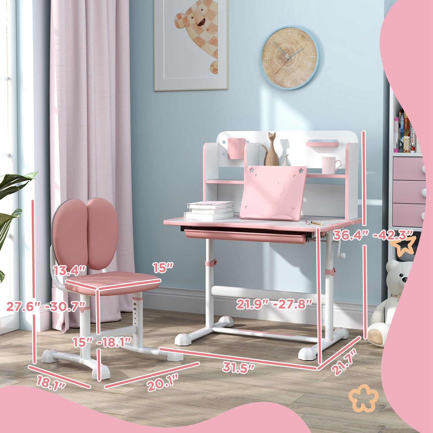 Height Adjustable Kids Desk And Chair Set For Writing Drawing W/ Tilt Desktop, Storage Drawer And Reading Rack, Pink