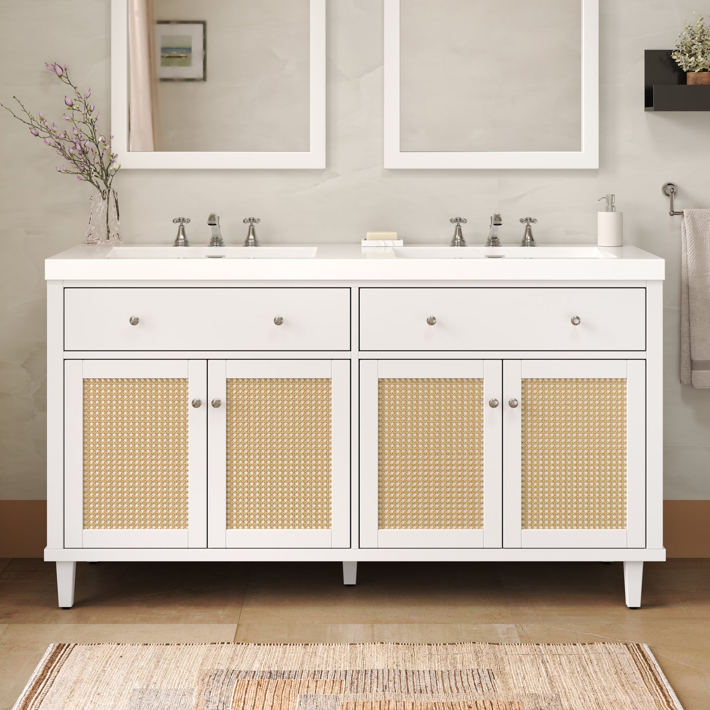 60 Inch Bathroom Vanity With Double Sink   SMC Sink  , Large Storage Space With 2 Tip-Out Trays   Flip-Out Drawers And 4 Soft Closing Doors, Solid Wood Legs And Silver Metal Knobs, White