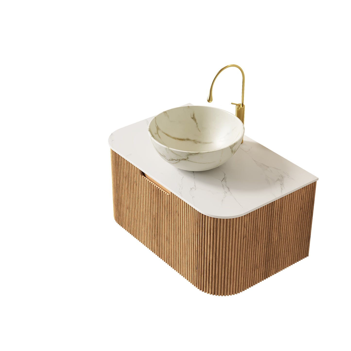 DINA 30 Bathroom Vanity&Sink, Floating Curved Edges Striped Storage Cabinet With Drawer, Matte Stone White Bowl Ceramic Basin&Carrara White Sintered Stone Top, Pre-assembled, Natural Woodgrain Color