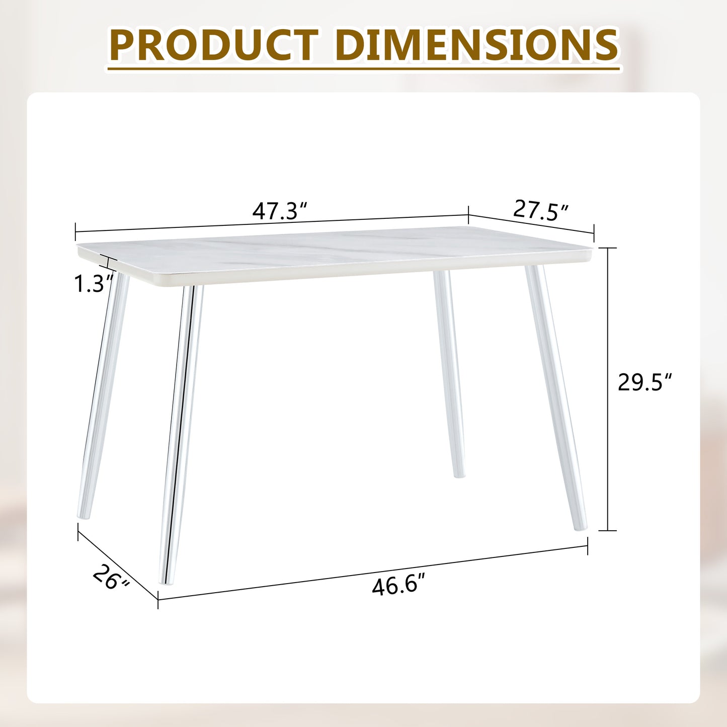 Modern Minimalist Rectangular Dining Table,suitable For 4-6 People.Tempered Glass Countertop Lower MDF Board,imitation Marble Texture,silver Metal Tapered Legs.Suitable For Minimalist Restaurants.