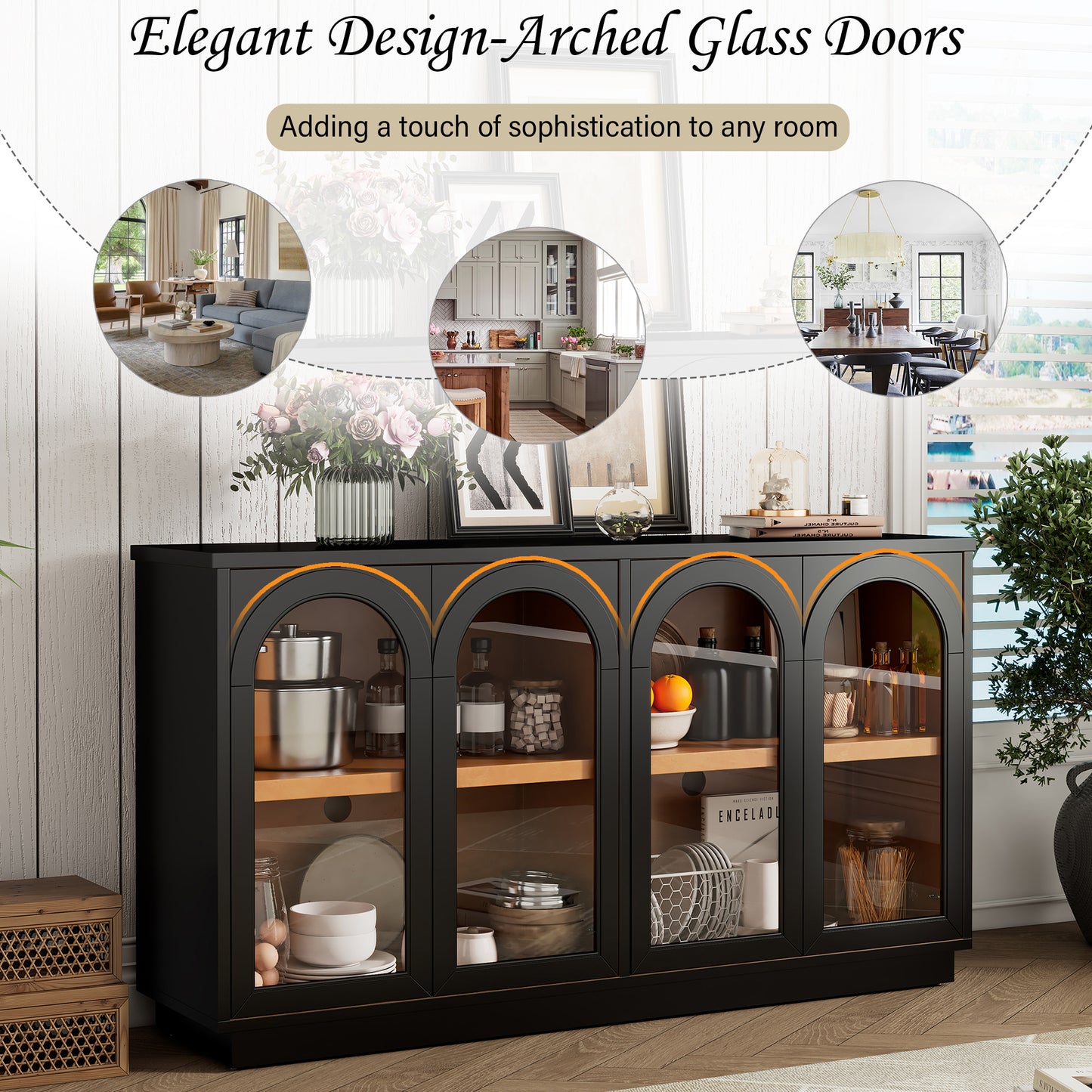 TREXM 4-Door Large Storage Buffet Cabinet With Glass Doors  Arched Cabinet With Adjustable Shelves For Kitchen  Dining Room And Living Room  Black