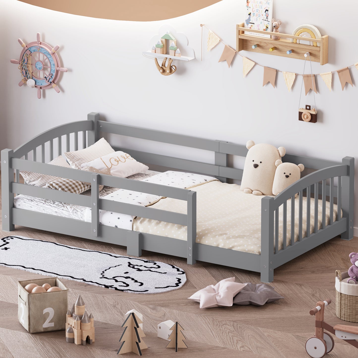 Twin Montessori Floor Bed With Slats And Safety Guardrails, Solid Wood Floor Bed With Fence And Without Door, Easy Assemble Montessori Bed For Girls And Boys, Gray