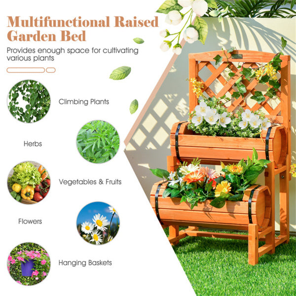2-Tier Solid Fir Wood Raised Garden Bed With Trellis Cylindrical Planter Box For Climbing Plants
