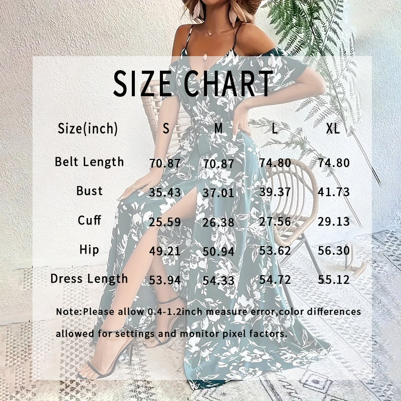Women's Floral Maxi Dress Cold Shoulder Split Belted A Line Long Summer Dress
