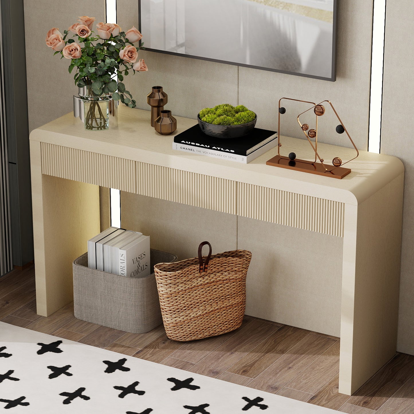 TREXM Rustic Console Table With 3 Fluted Drawers - Solid Wood Veneer Entryway Table Featuring Natural Wood Grain For Living Room  Hallway  Apricot