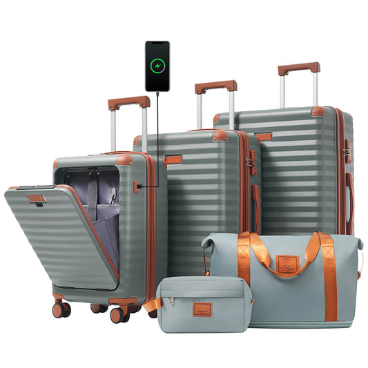Luggage Sets 5 Piece With Front Opening , Hardside Expandable Carry On Suitcase With Spinner Wheels TSA Lock USB Port  Cup Holder Duffel Bag And Toiletry Bag