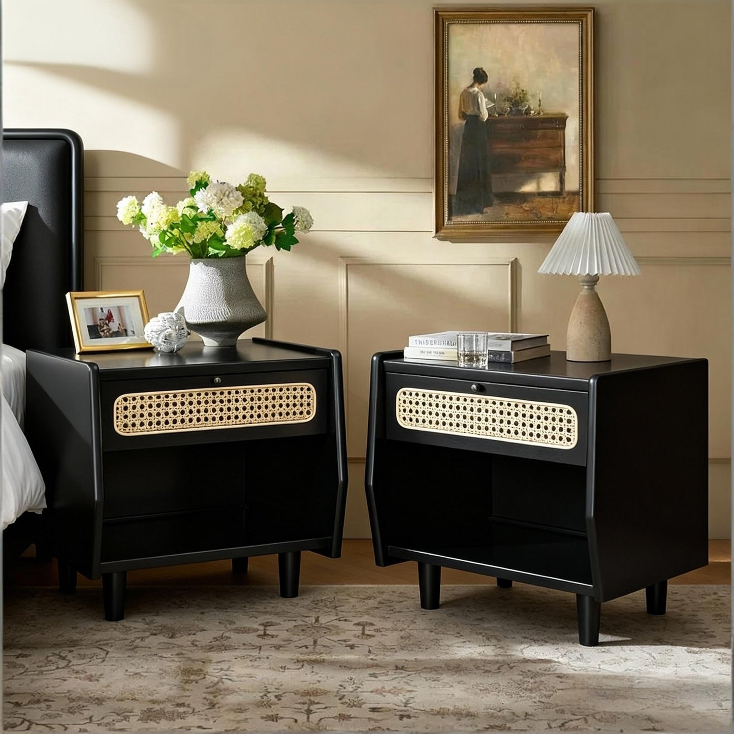 Black Nightstand With Rattan Detail, MDF   Solid Wood, Modern Bedroom Storage, Open Shelf & Drawer, Indoor Furniture