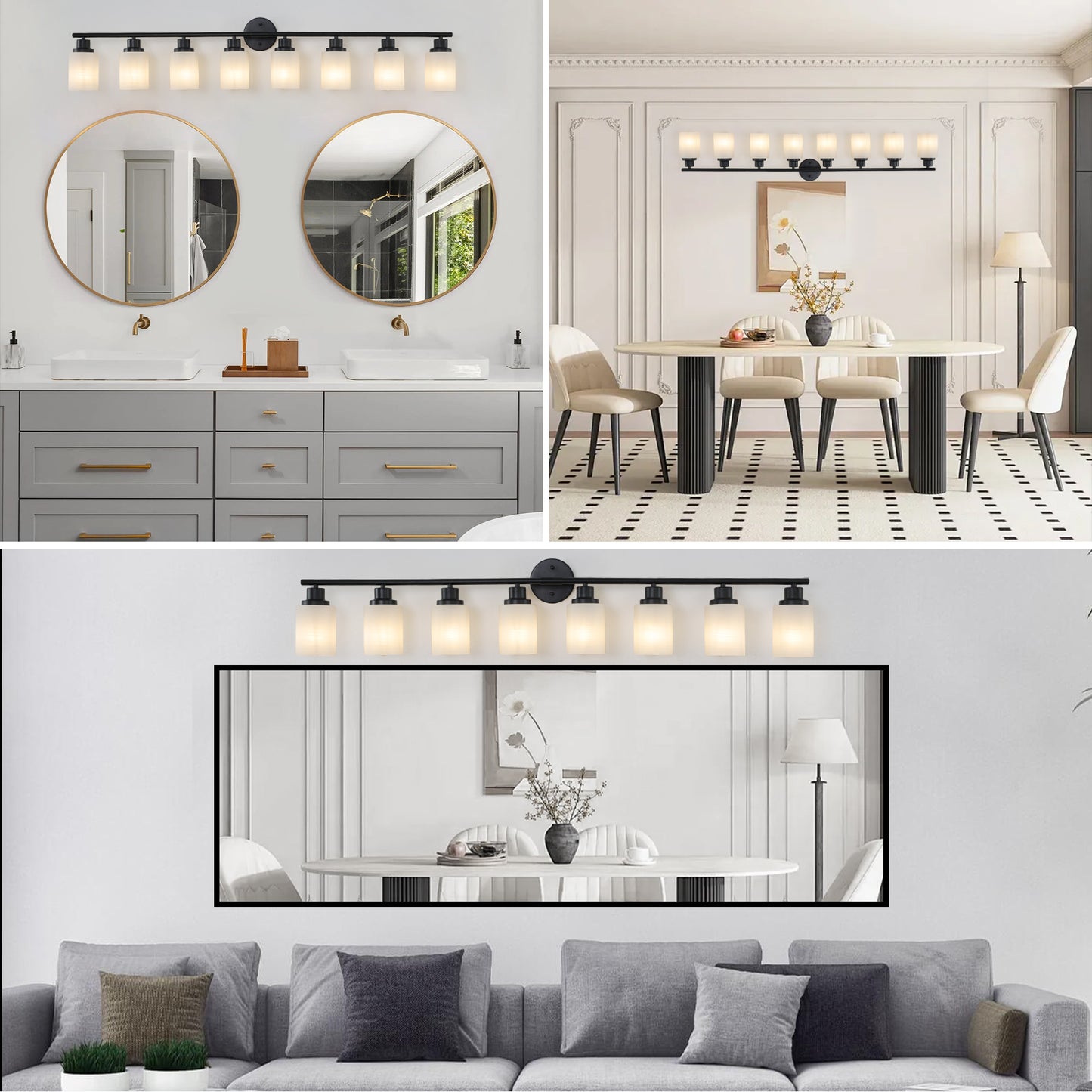 52  Modern 8-Light Vanity Bathroom Mirror Light, Frosted White Glass With Black Iron Frame, Contemporary Wall Sconce For Bedroom, Bathroom, And Dressing Room  Bulb Not Included