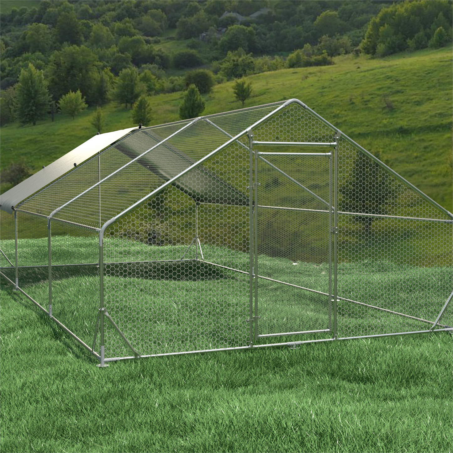 Large Metal Chicken Coop Walk-in Poultry Cage Hen Run House Rabbits Habitat Cage Spire Shaped Coop With Waterproof And Anti-Ultraviolet Cover 19.5L X 9.7'W X 6.4 H