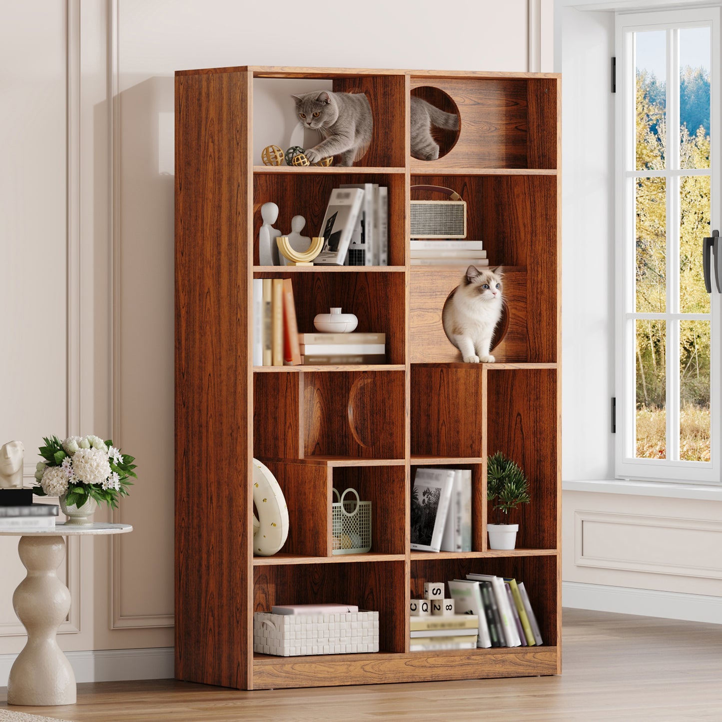 Modern 2 IN 1 Wood Bookshelf  Cat House, Cat Tree Display Case With Storage, Cat Litter Box Enclosure Climbing Shelf - BROWN
