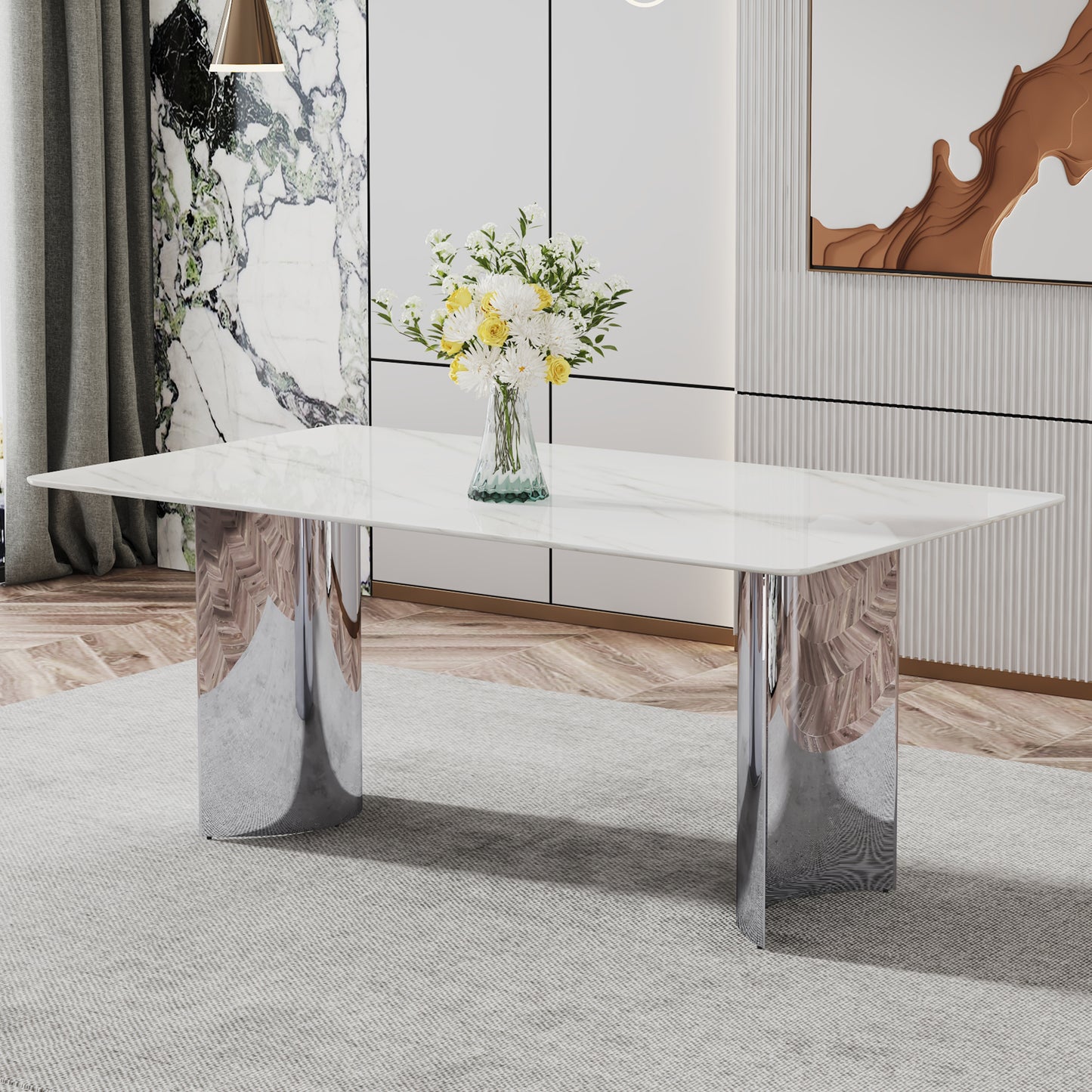 Modern Minimalist Dining Table. The White Imitation Marble Glass Desktop Is Equipped With Silver Metal Legs. Suitable For Restaurants And Living Rooms  71inx39.3inx29.5in DT-69.W1151S00386