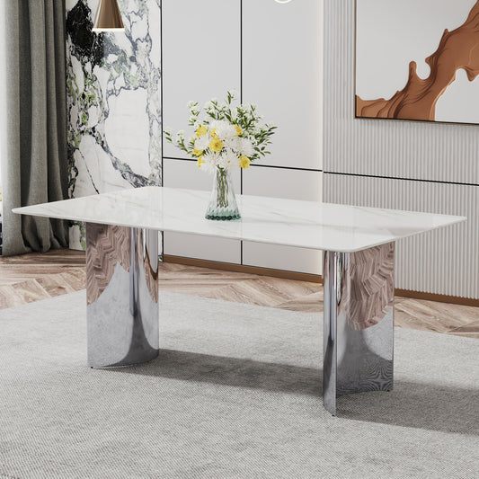 Modern Minimalist Dining Table. The White Imitation Marble Glass Desktop Is Equipped With Silver Metal Legs. Suitable For Restaurants And Living Rooms  71inx39.3inx29.5in DT-69.W1151S00386