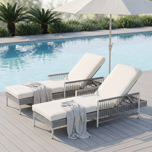 TOPMAX Outdoor All-Weather PE Rattan Chaise Lounge, Minimalist Patio Wicker Lounge Chair With 6 Gear Adjustable Recliner, Arms And Cushion For Poolside, Deck, Set Of 2, Grey