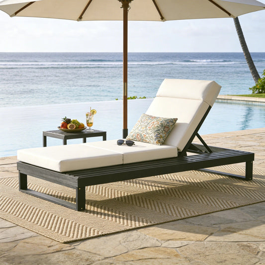 Black Acacia Wood Chaise Lounge With 4-Inch Beige 4-Fold Cushion Set, Adjustable Outdoor Patio Lounger With Flat Side Surface, For Poolside- Matching Cream,dark Gray Version Available