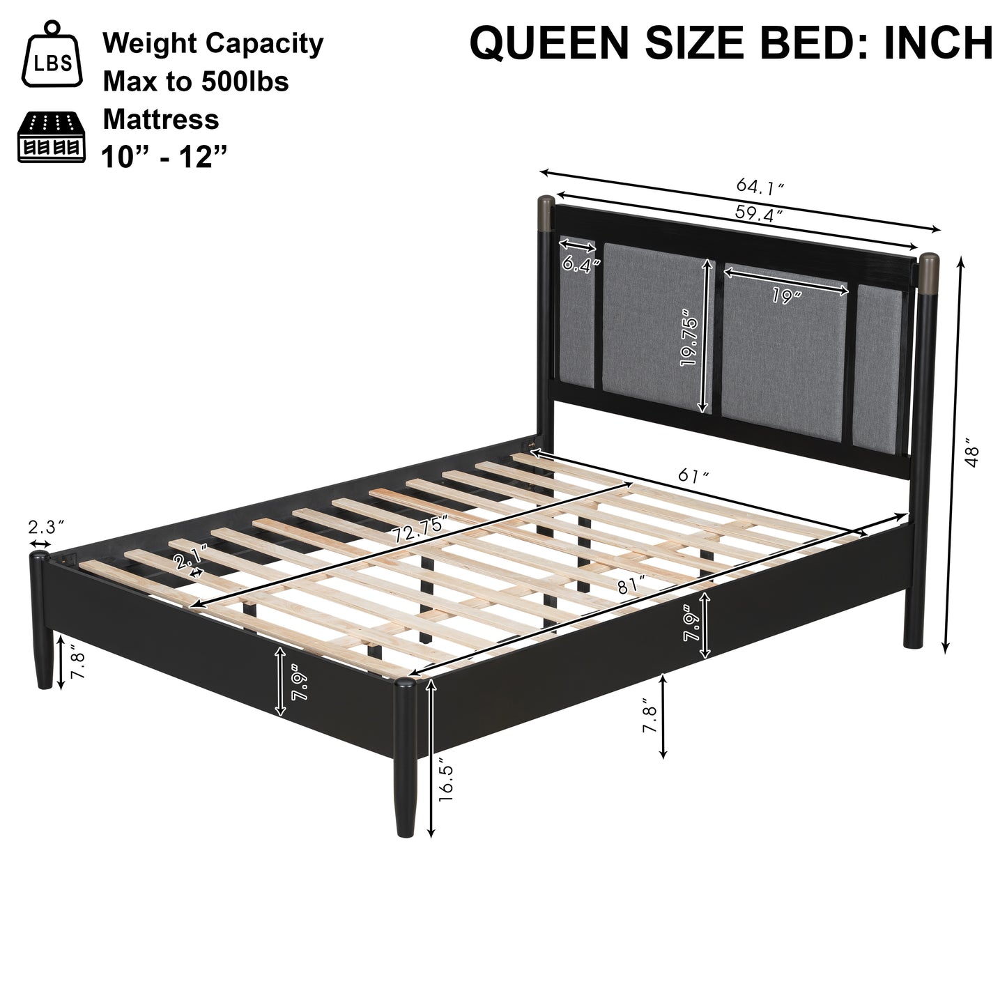 Solid Wood Queen Bed, Heavy Duty 500 Lbs Support, No Box Spring Needed, Black Upholstered Headboard With Metal Handles