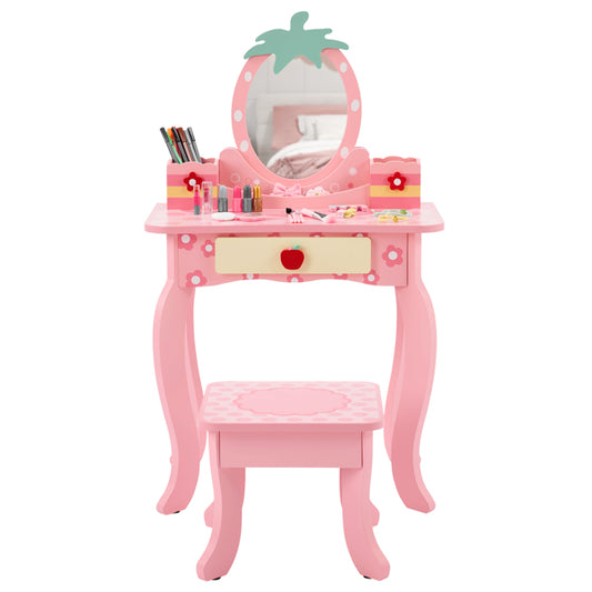 Pink MDF Spray-painted - Apple-printed 1-drawer 2-desktop Storage Box Children's Dressing Table Set
