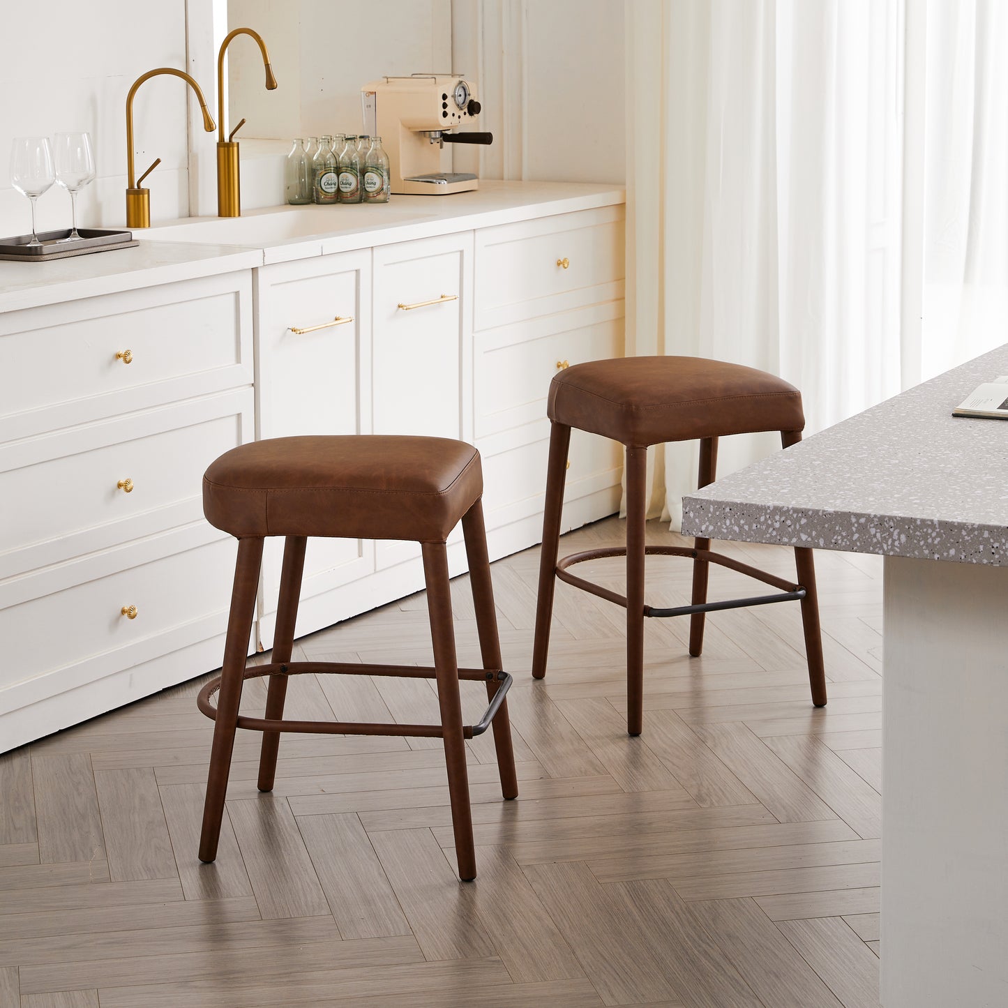 Counter Height Backless Brown Faux Leather Bar Stool  Comfortable Padded Seat With Sturdy Metal Legs & Footrest  Stylish Seating For Kitchen Island  Pub & Dining Counter 2 Sets
