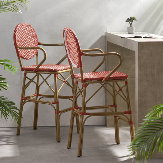 Outdoor Wicker And Aluminum 29.5 French Barstools, Set Of 2, Red, Bamboo Print Finish