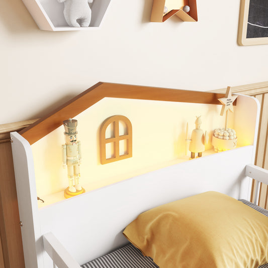 Low Loft Bed With LED Lights, Wooden Twin Loft Bed With House Shape Headboard, Kids Loft Bed With Storage Drawers, White Expect Arrival Date 2025 1 20