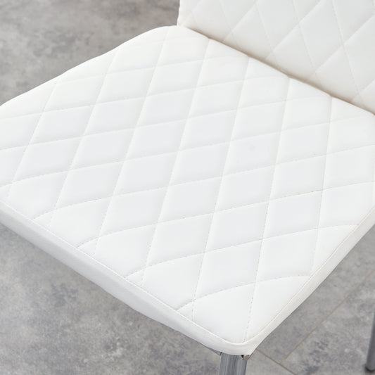 Modern White PU Dining Chairs Set Of 4 - Diamond Quilted High Back Design With Silver Chrome Metal Legs, Essential For Minimalist Homes, High Comfort & Affordability, Perfect For Kitchen,W1151107273
