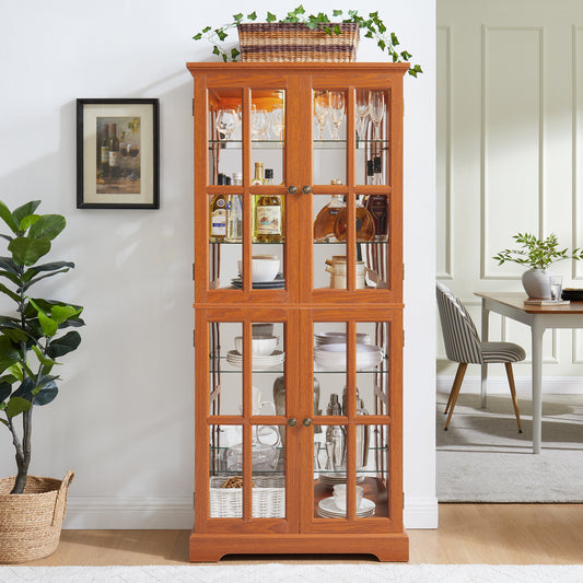 Curio Display Cabinet, Antique Display Cabinet With Glass Doors Adjustable Shelves For Collectibles Four Door Design Vintage Showcase For Home Or Office Antique Display Case E26 Bulb Included DARK OAK