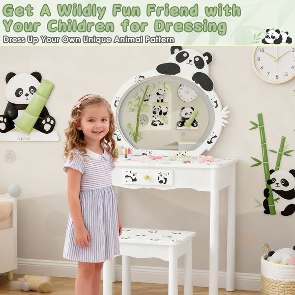 Black And White Panda MDF Painted Finish, Solid Wood Legs, 1-drawer Children's Dressing Table Set, LED Three-color Backlit Touch Switch