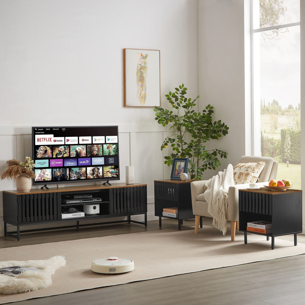 63 Inch Mid Century Modern TV Stand With Slatted Grille Striped Doors, TV Stand With Storage, Entertainment Center For Living Room Bedroom, TV Media Console