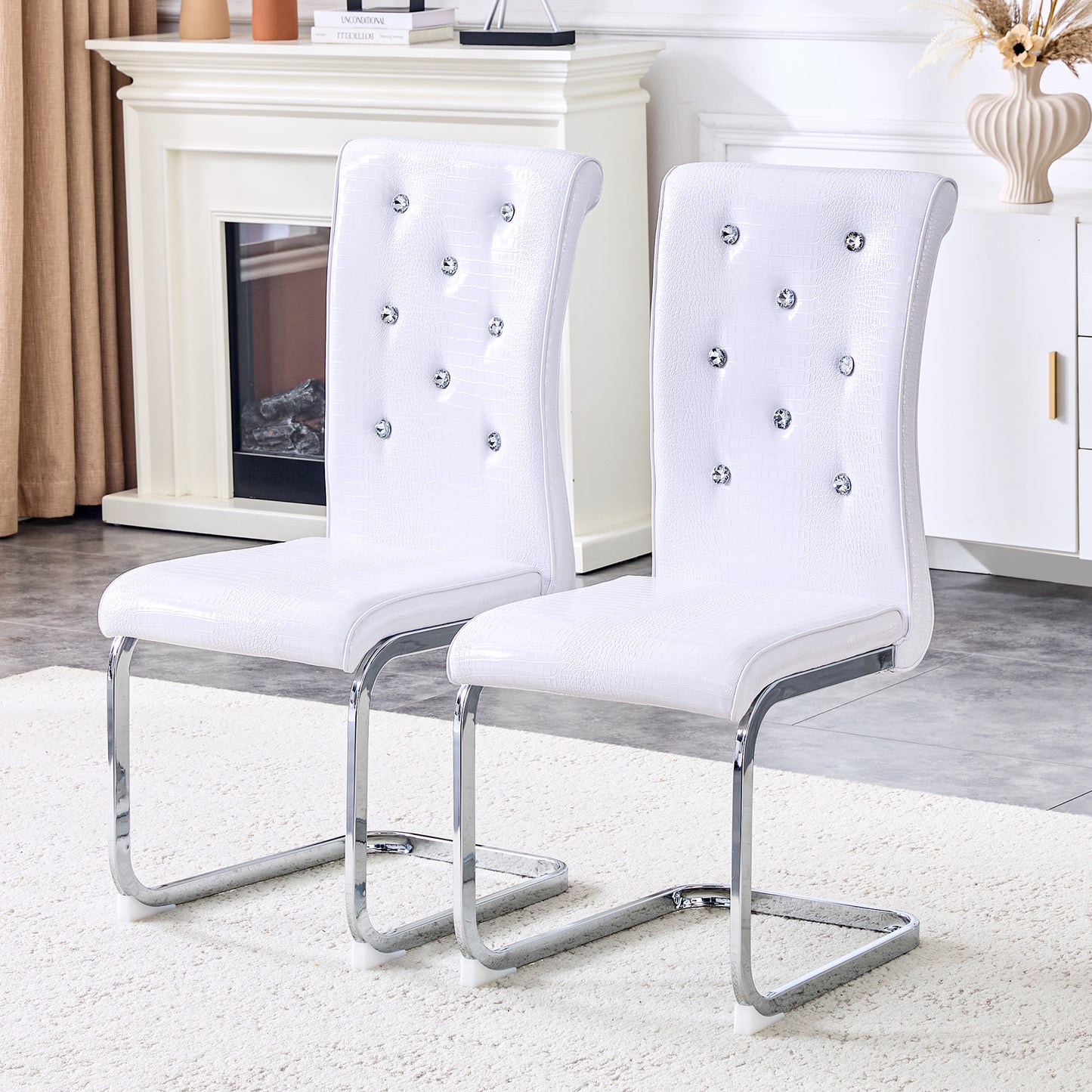 Set Of 2,Retro Alligator Skin Upholstered Dining Chairs,with Crystal Buckle Design And Faux Leather Design,a Touch Of Elegance And Mystery To The Dining Area,Electroplated Metal Legs