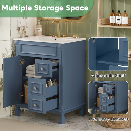 24   Bathroom Vanity With Ceramic Sink, Small Bathroom Sink Cabinet, Modern Cabinet With 2 Drawers And Adjustable Shelf