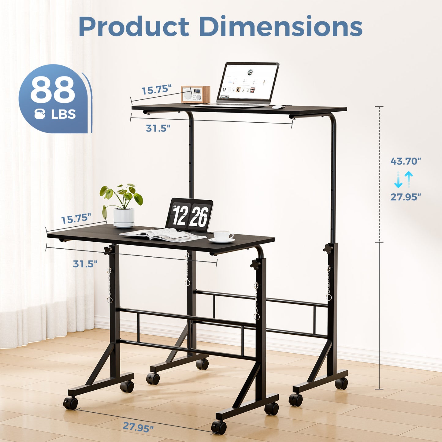31.5-inch Adjustable-height Mobile Desk, Equipped With Locking Wheels And Clasps, Suitable For Mobile Desks And Active Home Offices