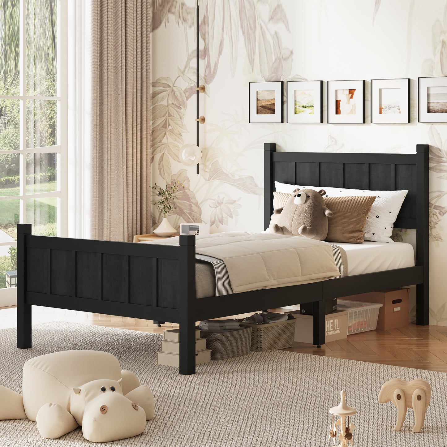 Twin Size Flat Panel Bed With Headboard & Footboard, Minimalist Modern Platform Bed With Wood Grain Finish, Shaker And Farmhouse Style Design, Sleek And Functional Bedroom Furniture,Black
