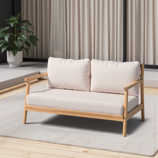 Patio Acacia Wood Loveset Sofa With Water-resistant Cushion, Teak   Beige