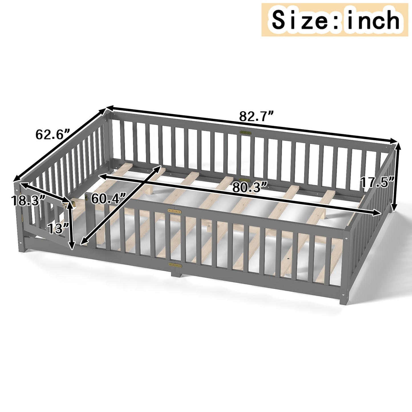 Queen Size Bed Floor Bed With Safety Guardrails And Door For Kids, Gray