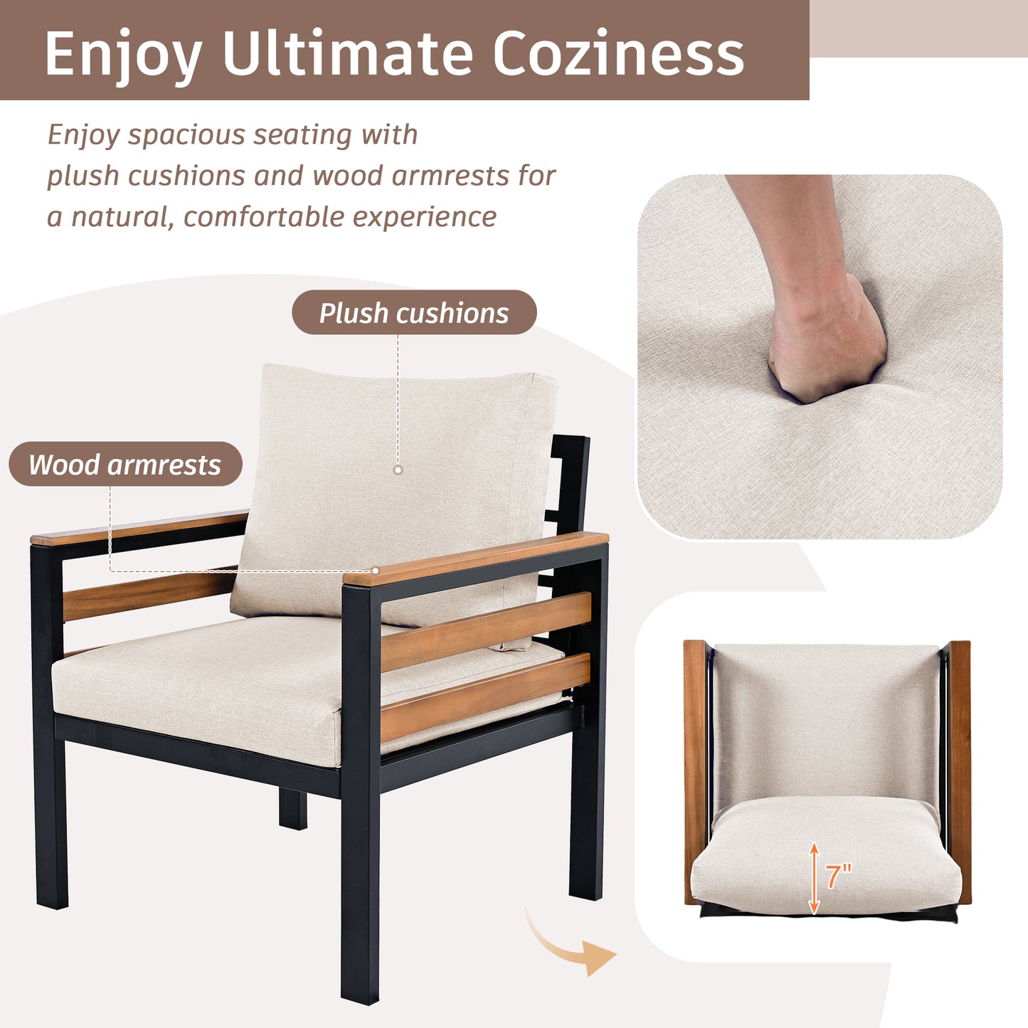 GO 4-Piece Outdoor Furniture Sofa Set For 5 People With Acacia Wood Armrests, Patio Conversation Set With Removable Cushion And Solid Wood Coffee Table For Garden,Beige