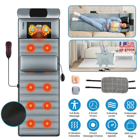 Full Body Electric Massage Mat With Heat Vibration Massage Pad Cushion Back Massage Mattress Chair Pad With Neck Massager Lumbar Pillow With 10 Vibration Motors 3 Timers Anti-Slip Bottom Earplugs