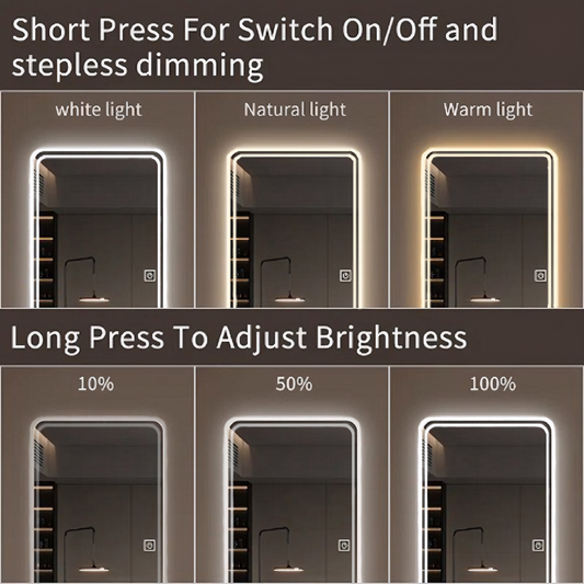 65 X24  Full Length Floor Mirror LED Whole Body Mirror, Wall Mounted Hanging Mirror With Lights, Makeup Vanity Mirror, Bedroom Full Size Body Mirror With Dimming & 3 Color Modes