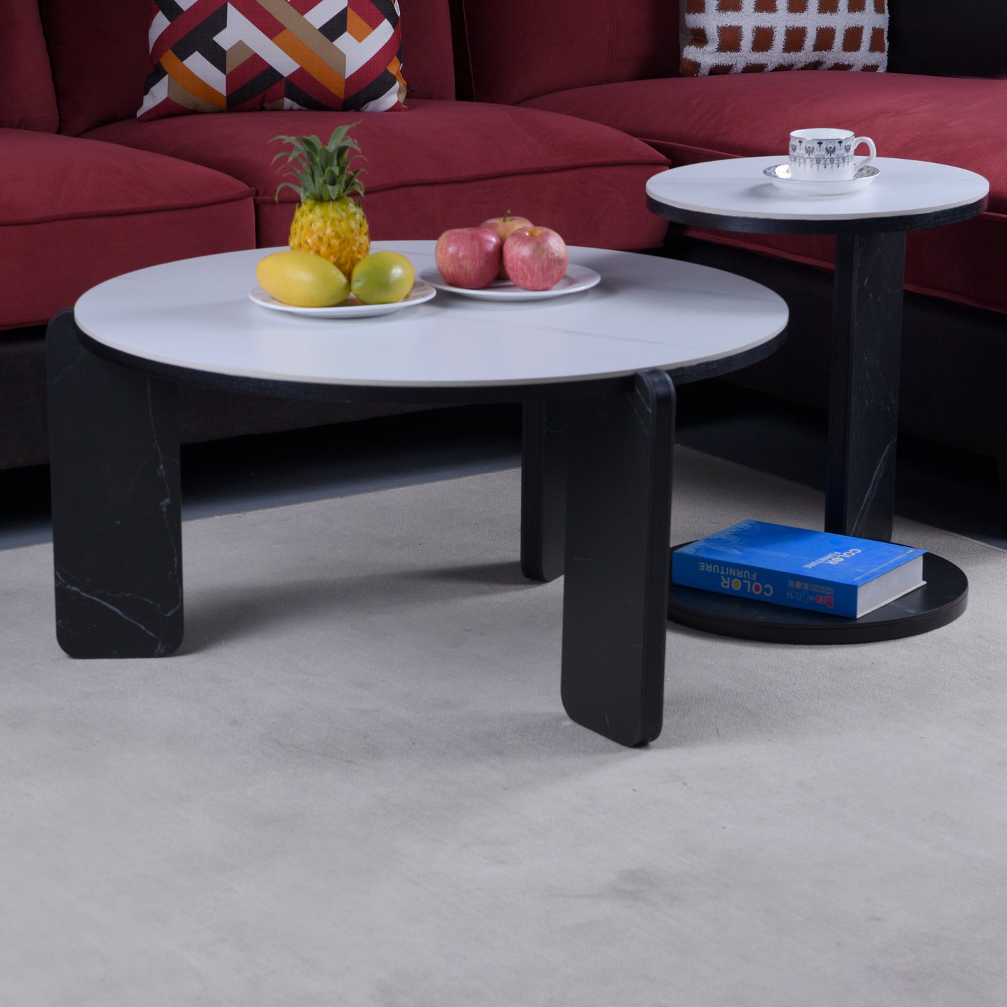 Set Of 2 Round Nesting Coffee Table For Small Place,living Room End Table With White Sintered Stone Top, 32.68 16.93 Diameter Side Table Night Stand For Bed Room Dining Room,83 43cm Sofa Table