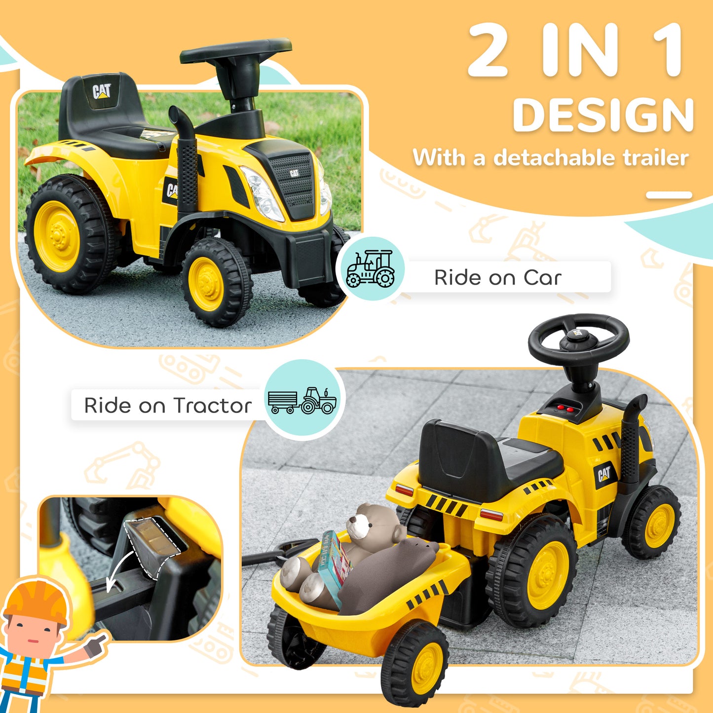 Caterpillar Licensed Ride-On Construction Toy With Shovel & Trailer, No Power Ride-on Tractor For 18-36 Months