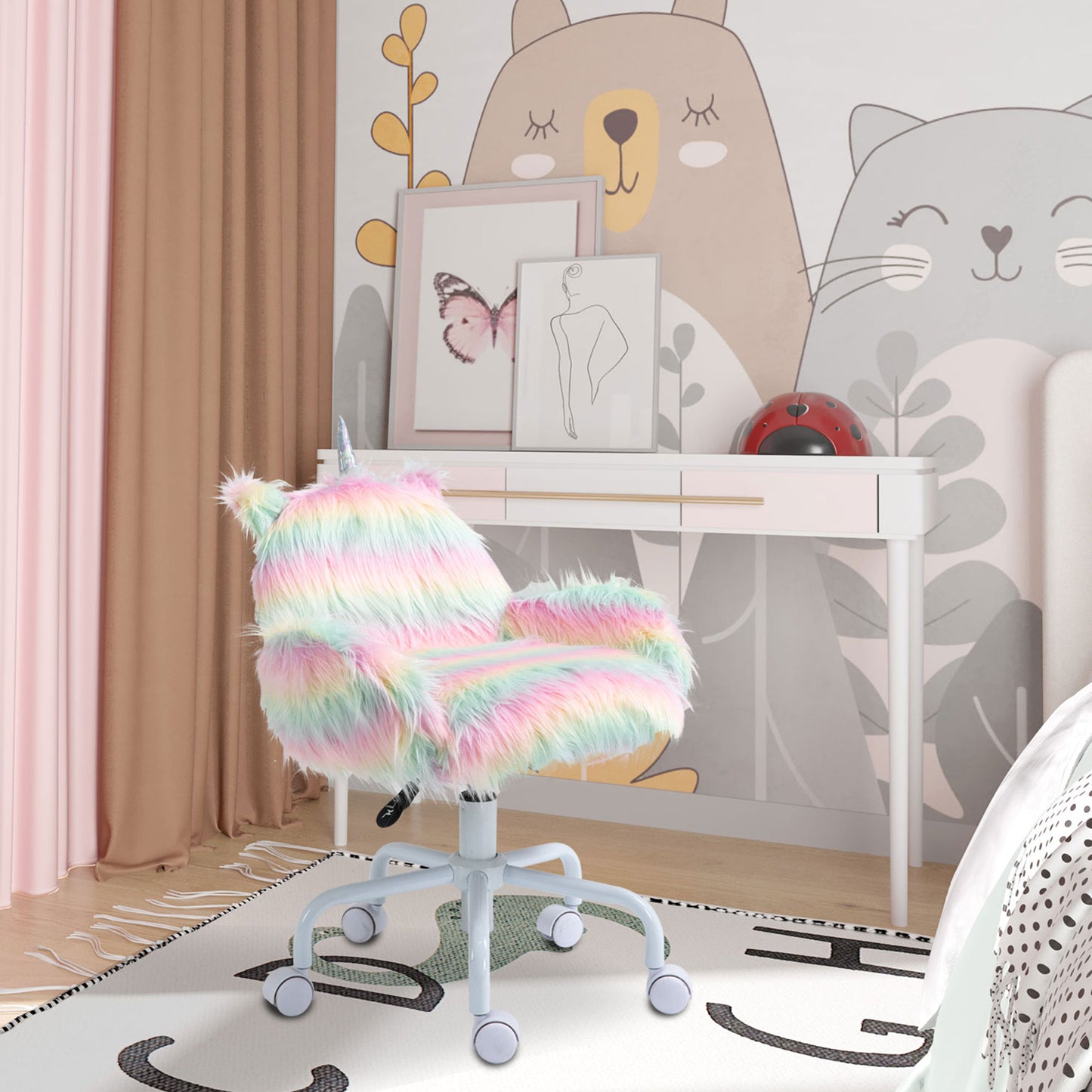 Fluffy Unicorn Office Chair With Mid-Back And Armrest Support, 5 Star Swivel Wheel White Base, Rainbow