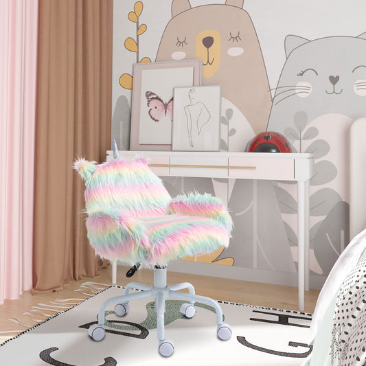 Fluffy Unicorn Office Chair With Mid-Back And Armrest Support, 5 Star Swivel Wheel White Base, Rainbow