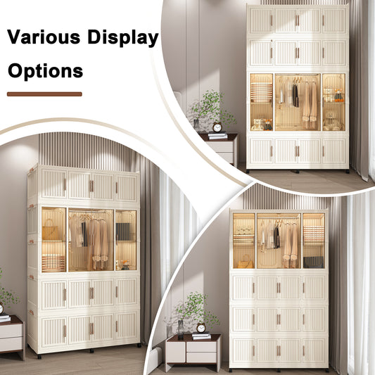 Portable Wardrobe Closet Storage Organizer For Clothes,Clothes Dresser,17 Magnetic Doors-17 Cubes & 1 Hanging Rod,6 Pcs Hangers , Baby Wardrobe Storage Cabinet,White