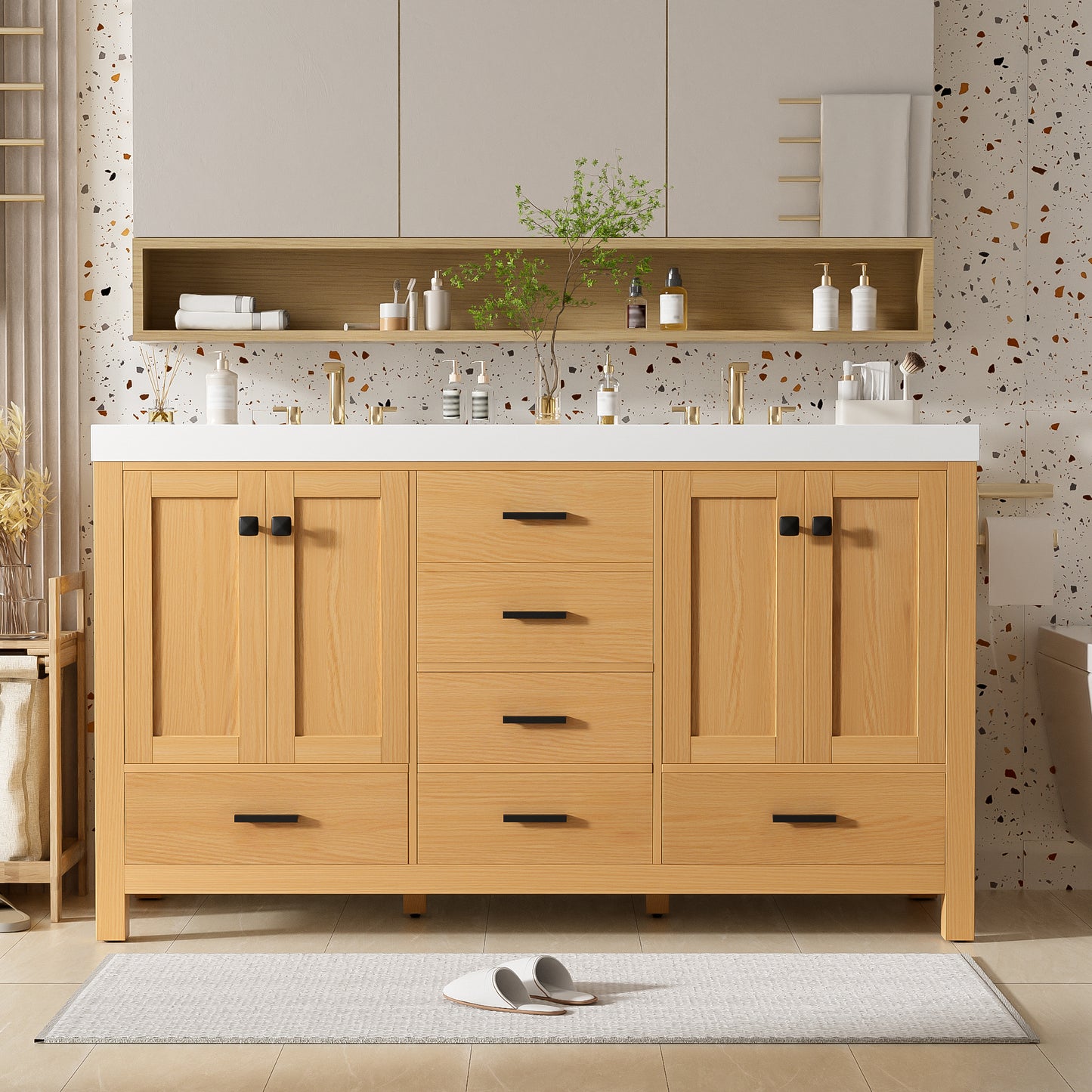 59.3  Bathroom Vanity With Solid Wood Frame & MDF Cabinet, Double SMC Resin Sink, Soft-Close Doors And Drawers, 4 Doors, 5 Drawers, Adjustable Shelves, Black Handles