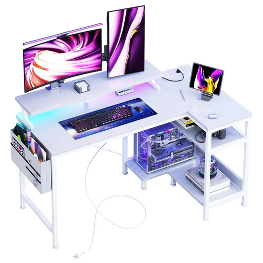 Game Table, With USB Charging Port, Power Socket, Type-C Interface And LED Lights, Computer Table Equipped With Storage Rack And Monitor Stand